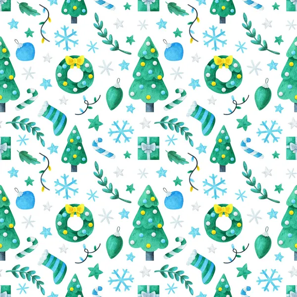 Seamless Pattern New Year Design Wreath Christmas Tree Garland Star — Stock Photo, Image