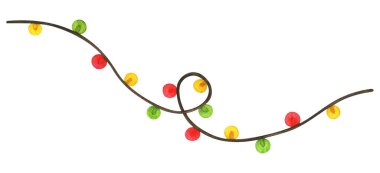 Renkli fenerlerin Noel çelengi. Işıklar kırmızı, yeşil ve sarı. Suluboya çizimi. Beyaz arka planda izole edilmiş bir tatil zirvesi. Yeni yıl partisi için ev dekorasyonu.