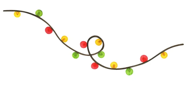 Renkli fenerlerin Noel çelengi. Işıklar kırmızı, yeşil ve sarı. Suluboya çizimi. Beyaz arka planda izole edilmiş bir tatil zirvesi. Yeni yıl partisi için ev dekorasyonu.