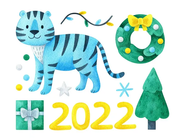 Weihnachten Cliparts 2022 Mit Einem Blauen Tiger Zeichnungen Für Die — Stockfoto