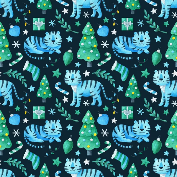 Bezproblémový Vánoční Vzor Modrým Tygrem Vánočním Stromečkem Slavnostní Ornament Akvarelovými — Stock fotografie