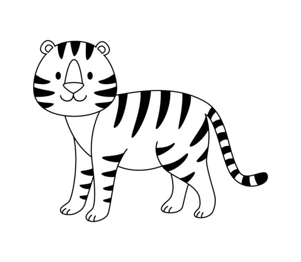 黑白虎画 一种风格化动物的涂鸦 矢量等高线插图的卡通风格的虎的色彩 贴纸和设计 可爱的新年风采 — 图库矢量图片
