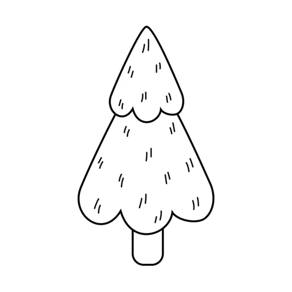 クリスマスツリーの黒と白の図面 様式化された木のドア 自然との着色 アイコン ステッカーやデザインのための漫画スタイルのモミの木のベクトル輪郭イラスト — ストックベクタ