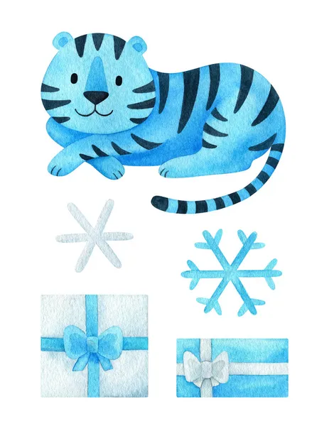 青い虎とClipart 2022のクリスマスセット 新年の装飾のための図面 贈り物 雪の結晶 冬の休日 白を基調とした水彩画 — ストック写真