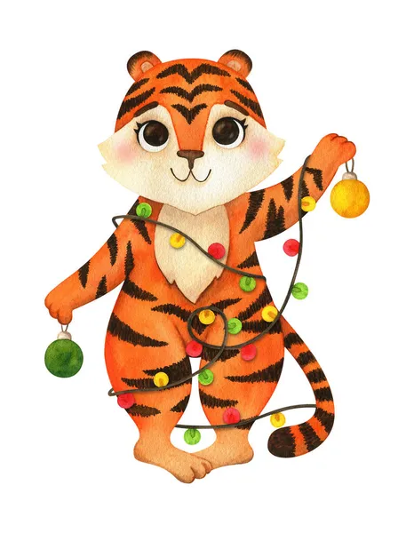 Tigre Dibujos Animados Está Enredado Una Guirnalda Navidad Animal Para — Foto de Stock