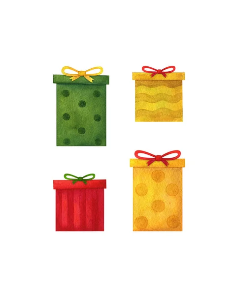 ギフトボックスと赤で弓 緑と黄色 水彩イラスト 白い背景に隔離された休日のクリップのセット 誕生日のためのパッケージ装飾 クリスマス 記念日 — ストック写真