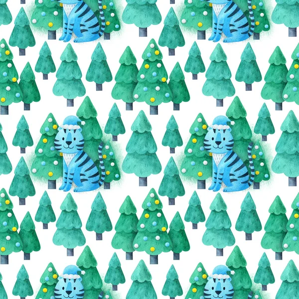 Motivo Natale Senza Cuciture Con Una Tigre Blu Albero Natale — Foto Stock