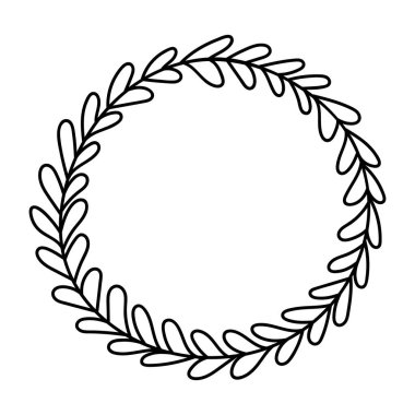 Çelenk, yuvarlak çerçeve, kontur deseni, yapraklı dekor, doğal tasarım.