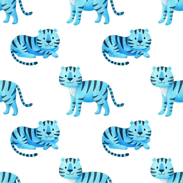 Tigre Azul Sobre Fundo Branco Padrão Sem Costura Com Símbolo — Fotografia de Stock