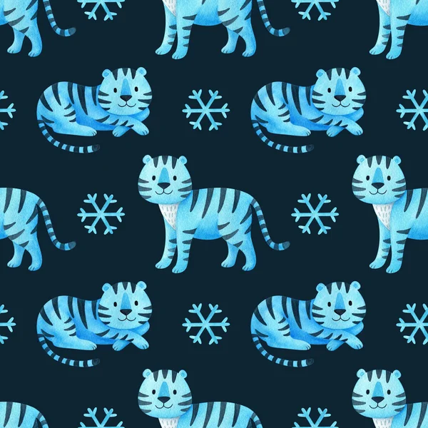 Синий Тигр Снежинками Темно Синем Фоне Бесшовный Узор Символом Нового — стоковое фото