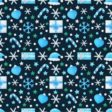 Kış tasarımlı, kusursuz bir yeni yıl düzeni. Bir hediye, bir baston şeker, mavi bir kar tanesi, yeşil bir yıldız, koyu arkaplanda bir Noel topu. Şenlik süsü, suluboya resimlerle yazdır