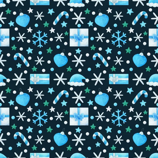 冬のデザインと新年のシームレスなパターン ギフト お菓子の杖 青い雪の結晶 緑の星 暗い背景のクリスマスボール 祭りの装飾 水彩画のイラストで印刷 — ストック写真