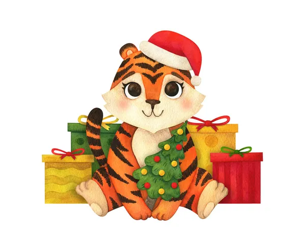 Nettes Tigerbaby Einem Weihnachtsmütze Mit Geschenken Und Einem Weihnachtsbaum Aquarell — Stockfoto