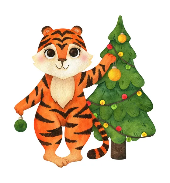 Niedliches Tigerjunges Schmückt Den Weihnachtsbaum Mit Einem Kranz Aquarell Illustration — Stockfoto