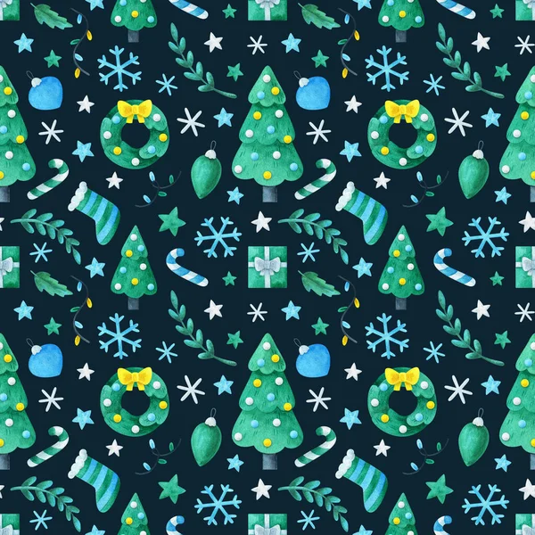 Bezproblémový Vzor Novoročním Designem Věnec Vánoční Stromek Věnec Hvězda Koule — Stock fotografie