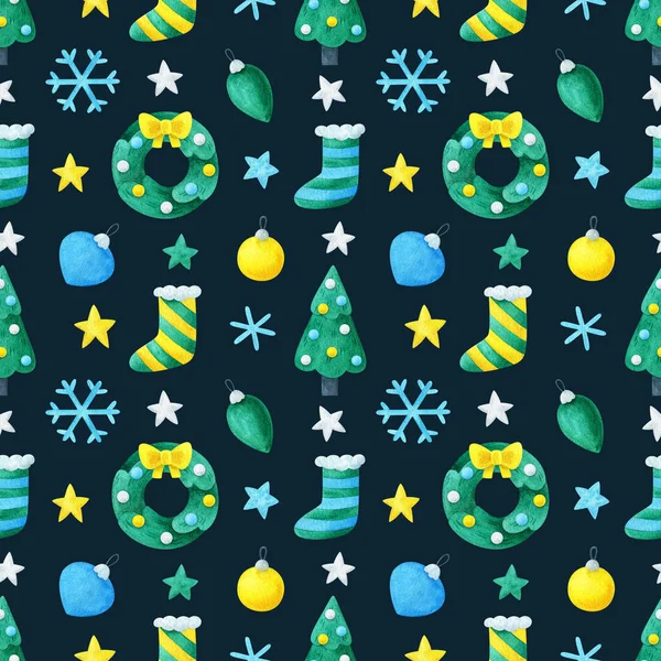 Bezproblémový Vzor Novoročním Designem Věnec Vánoční Stromek Hvězda Koule Tmavém — Stock fotografie