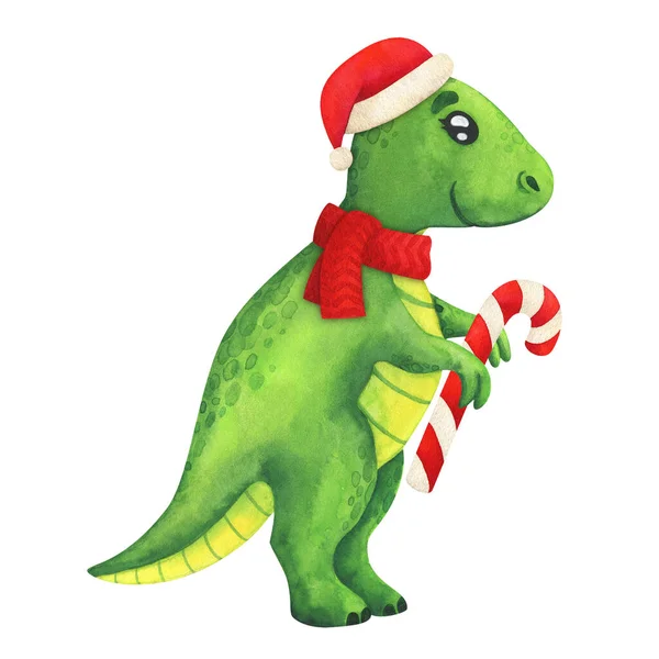 Christmas dinosaur. New Year's cartoon Tyrannosaurus. Watercolor illustration of a festive character isolated on a white background. Funny Jurassic Animal