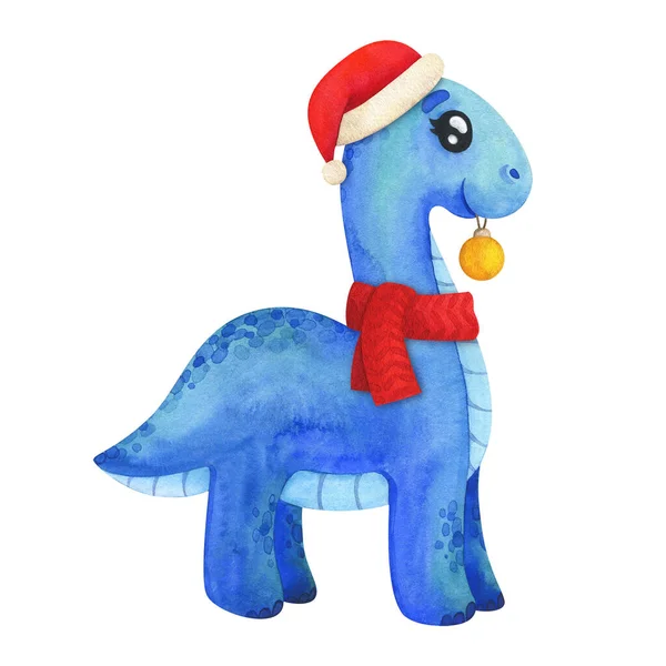 Christmas Dinosaur New Year Cartoon Blue Diplodocus Watercolor Illustration Festive — Stock Photo, Image