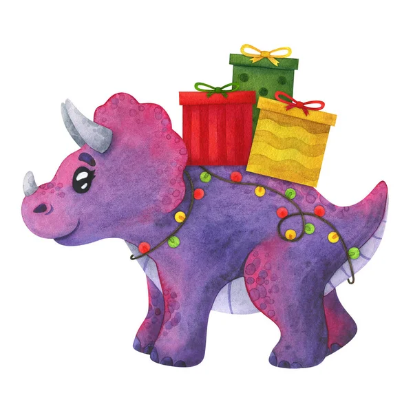 Vánoční Dinosaurus Vánoční Kreslený Fialový Triceratops Akvarel Ilustrace Slavnostní Charakter — Stock fotografie