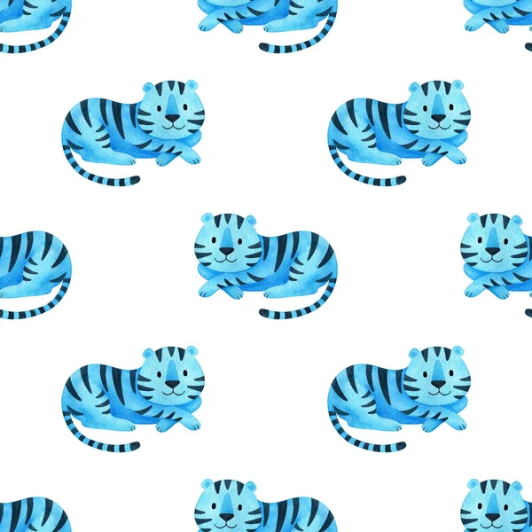 Blauer Tiger Auf Weißem Hintergrund Nahtloses Muster Mit Dem Symbol — Stockfoto