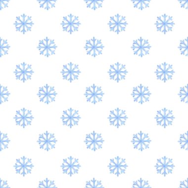 Suluboya mavi kar taneleriyle kusursuz desen. Beyaz arka plan ve küçük kar figürleri. Kumaş, tekstil, duvar kağıdı, ambalaj, baskı için kış polka süsü