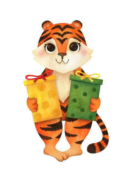 Cute Filhote Tigre Está Com Presentes Suas Patas Ilustração Aquarela — Fotografia de Stock