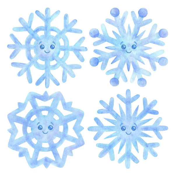 Blue Snowflake Cute Eyes Watercolor Illustration Snowy Flake Hand Drawn — Stock Photo, Image