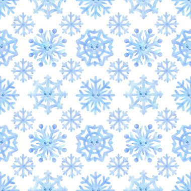 Suluboya mavi kar taneleriyle kusursuz desen. Tatlı kar karakterli beyaz bir arka plan. Kumaş, tekstil, duvar kağıdı, ambalaj, baskı için kış süsü örneği