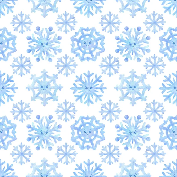 Bezešvé Vzor Akvarelem Sněhové Vločky Modré Barvy Bílé Pozadí Roztomilými — Stock fotografie