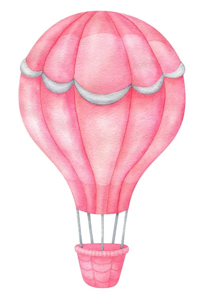 Pembe sıcak hava balonu, suluboya balon çizimi. Romantik gezi, düğün, bebek partisi, sevgililer günü, el çizimi, beyaz arka planda izole edilmiş resim.