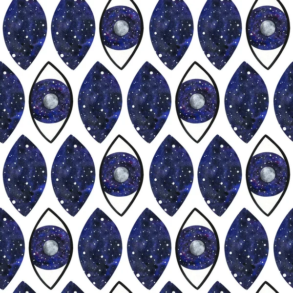 The universe is in open eyes. Abstract seamless pattern with the moon and space in the pupil. Stylish ornament on a white background. Decorative print with mystical watercolor illustrations
