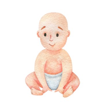 Oturan cinsiyetsiz bir bebek. Tatlı yeni doğan erkek ya da kız tırmanış, suluboya bebek bezi, cinsiyet belli