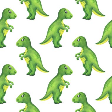 Yeşil dinozorlarda pürüzsüz desen. Beyaz arkaplanda suluboya Tyrannosaurus rex, kumaş, tekstil, duvar kağıdı, ambalaj, kağıt için dino baskısı örneği