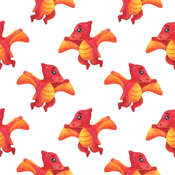 Seamless Pattern Red Pterodactyl Watercolor Flying Dinosaur White Background Sample — Stock Photo, Image