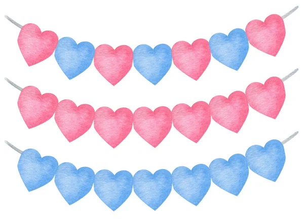 Υδατογραφία Γιρλάντα Από Καρδιές Απαλό Ροζ Και Μπλε Που Απομονώνονται — Φωτογραφία Αρχείου