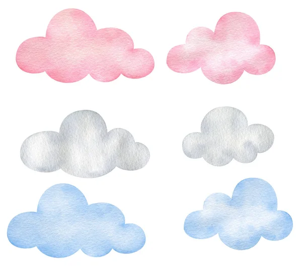 Aquarellwolken Aus Grau Blassrosa Und Blau Isoliert Auf Weißem Hintergrund — Stockfoto