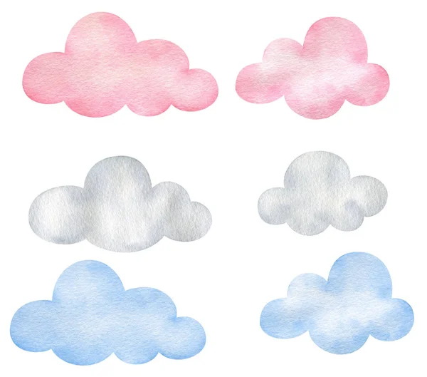 Aquarelwolken Van Grijs Lichtroze Blauw Geïsoleerd Een Witte Achtergrond Leuke — Stockfoto