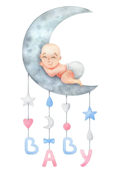 Cute Illustration Sleeping Baby Newborn Gender Neutral Baby Moon Watercolor — Fotografia de Stock