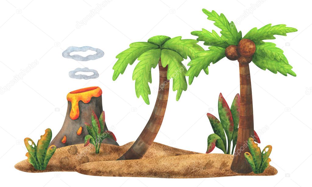  tropical island, a watercolor illustration of a natural landscape, a decorative plot of land with a coconut palm and a volcano. Isolated clipart on a white background