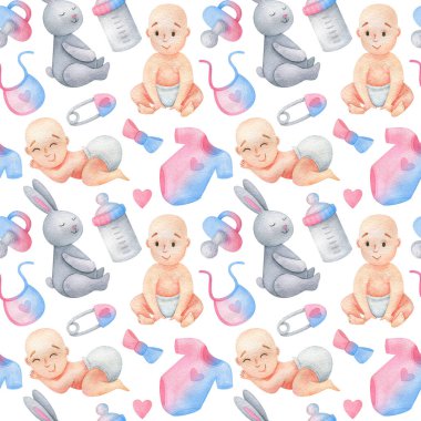 Cinsiyet ayrımı yapmayan yeni doğan bir bebek için kusursuz bir model. Oyuncak, şişe, bebek emziği. Mavi-pembe suluboya süslemeli beyaz arka plan. Cinsiyet teşhisi için şirin baskı, bebek kumaşı, kağıt, ambalaj,