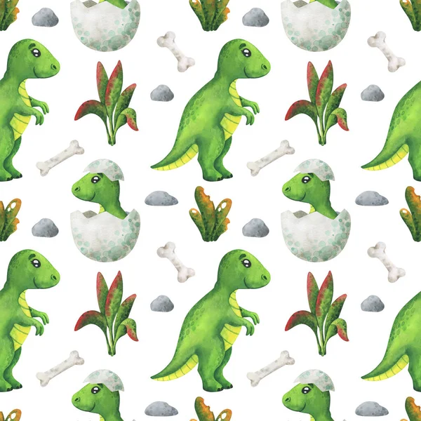 Seamless Pattern Green Dinosaurs Hatched Baby Watercolor Tyrannosaurus Rex White — Fotografia de Stock