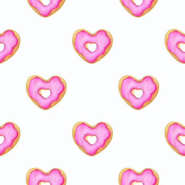 Donuts Pink Frosting Pattern Watercolor Illustration Heart Shaped Cookie Seamless — Stock Photo, Image