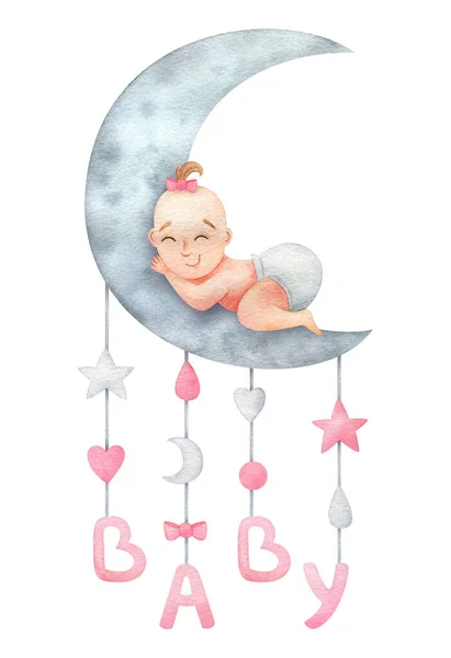 Linda Ilustración Una Niña Dormida Bebé Recién Nacido Luna Acuarela —  Fotos de Stock