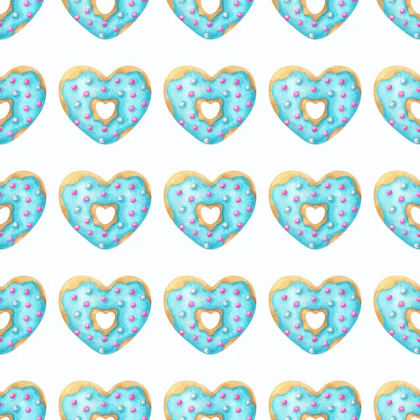Pączki Różowym Niebieskim Lukrem Wzór Akwarelową Ilustracją Ciasteczka Kształcie Serca — Zdjęcie stockowe