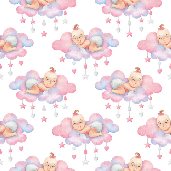 Seamless Pattern Newborn Baby Girl Small Child Sleeps Clouds White — Stock Fotó