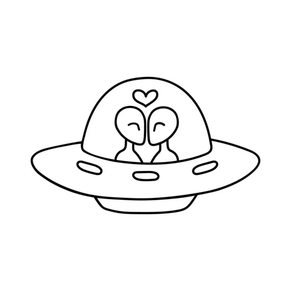 ドードルスタイルで恋にエイリアンと空飛ぶ円盤 Ufo輪郭ベクトル描画 未確認の宇宙船 — ストックベクタ