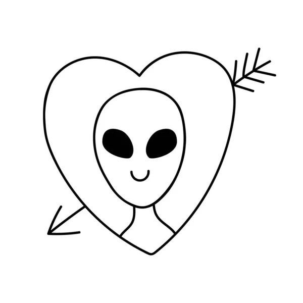 Ein Verliebtes Alien Doodle Stil Konturvektorzeichnung Eines Niedlichen Außerirdischen Humanoiden — Stockvektor