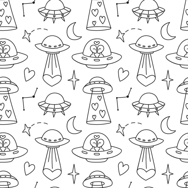 Naadloze Doodle Patroon Met Liefdevolle Aliens Ufo Ruimte Achtergrond Met — Stockvector