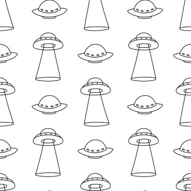 UFO geçmişi. Uçan daireler karalama tarzında kusursuz desenli. Uzaylı uzay gemileriyle çocuk çizimleri. Kumaş ve duvar kağıtları için örnek yazdır
