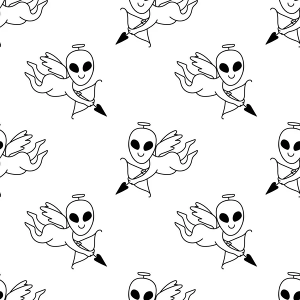 Vetor de Cosmic background. UFO, alien in love seamless pattern in doodle  style. Children's contour illustrations with Flying Saucers. Print sample  for fabric, wallpaper do Stock